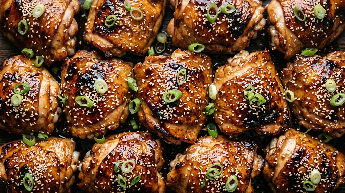 Baked teriyaki chicken thighs glazed with sticky soy-pineapple sauce, garnished with sesame seeds and green onions on a dark baking dish.