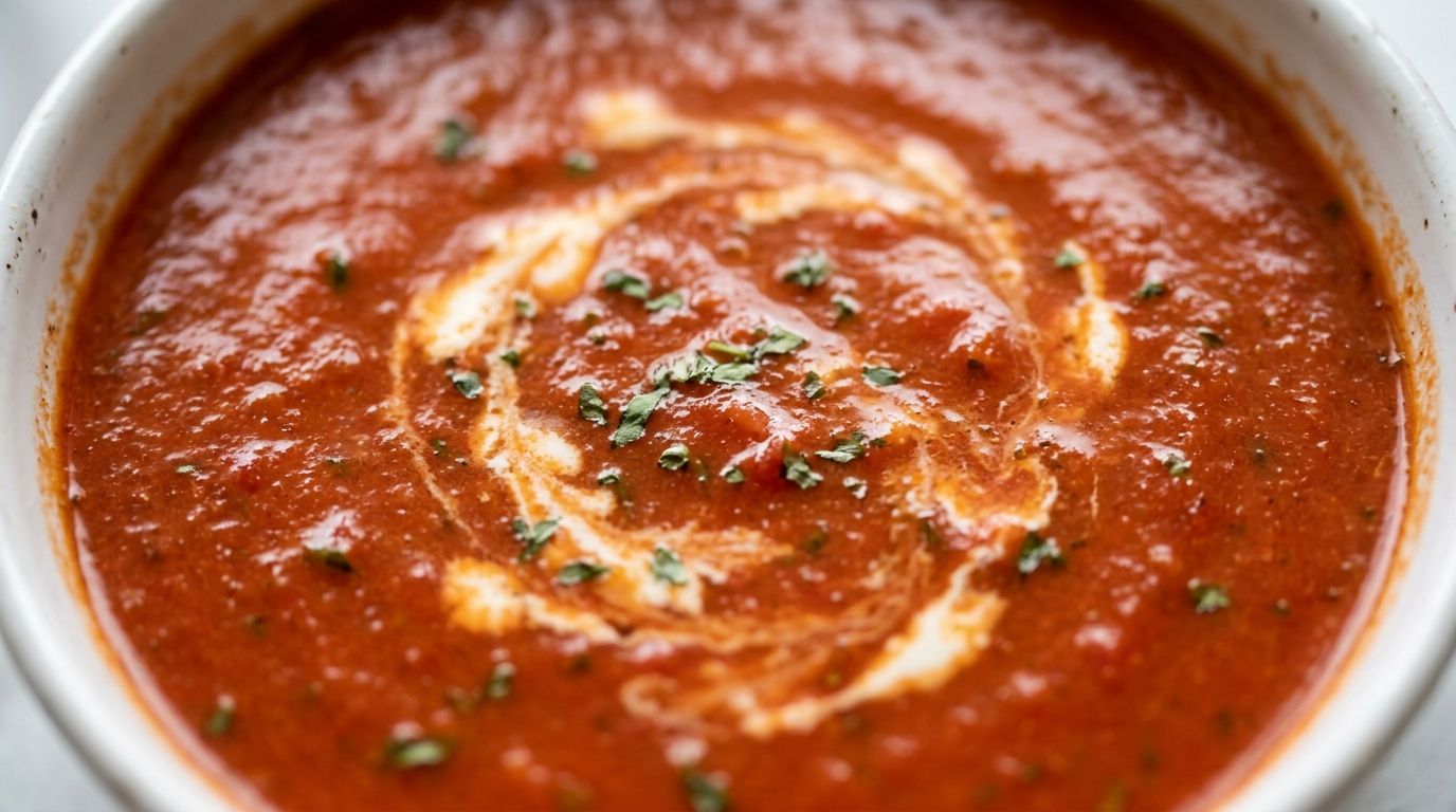 Overhead view of creamy tomato soup in a white bowl with a swirl of cream and fresh basil on a dark oak surface.
