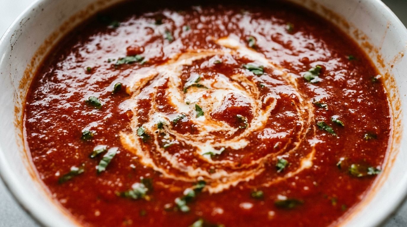 Overhead view of roasted tomato soup in a white ceramic bowl with fresh basil and olive oil swirl.