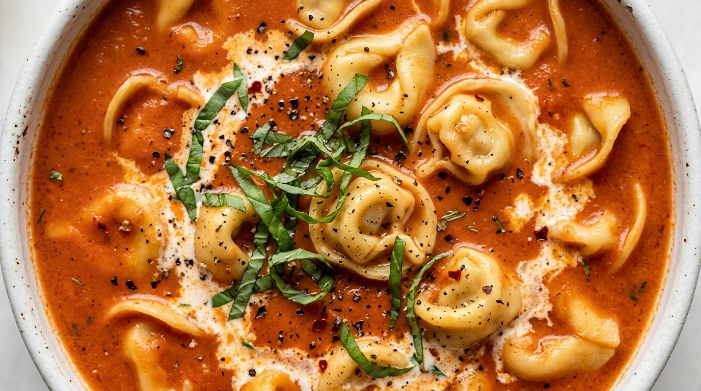 A white ceramic bowl of creamy tomato tortellini soup with cheese tortellini, red broth, and fresh basil on top.