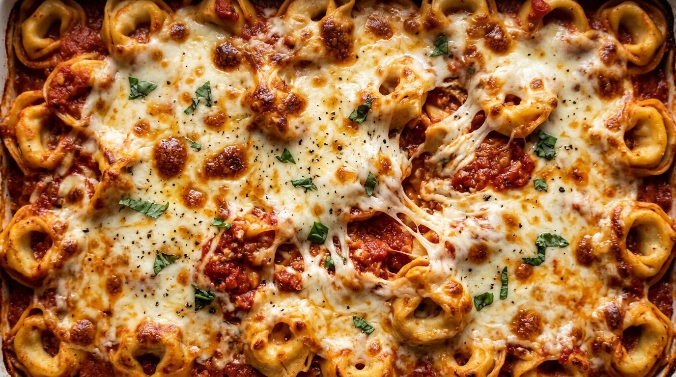 Cheesy tortellini bake in a 9x13 dish with golden mozzarella crust and bubbling marinara sauce
