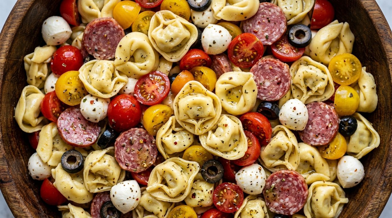 A large bowl of tortellini pasta salad with cherry tomatoes, mozzarella, salami, and olives in Italian dressing.