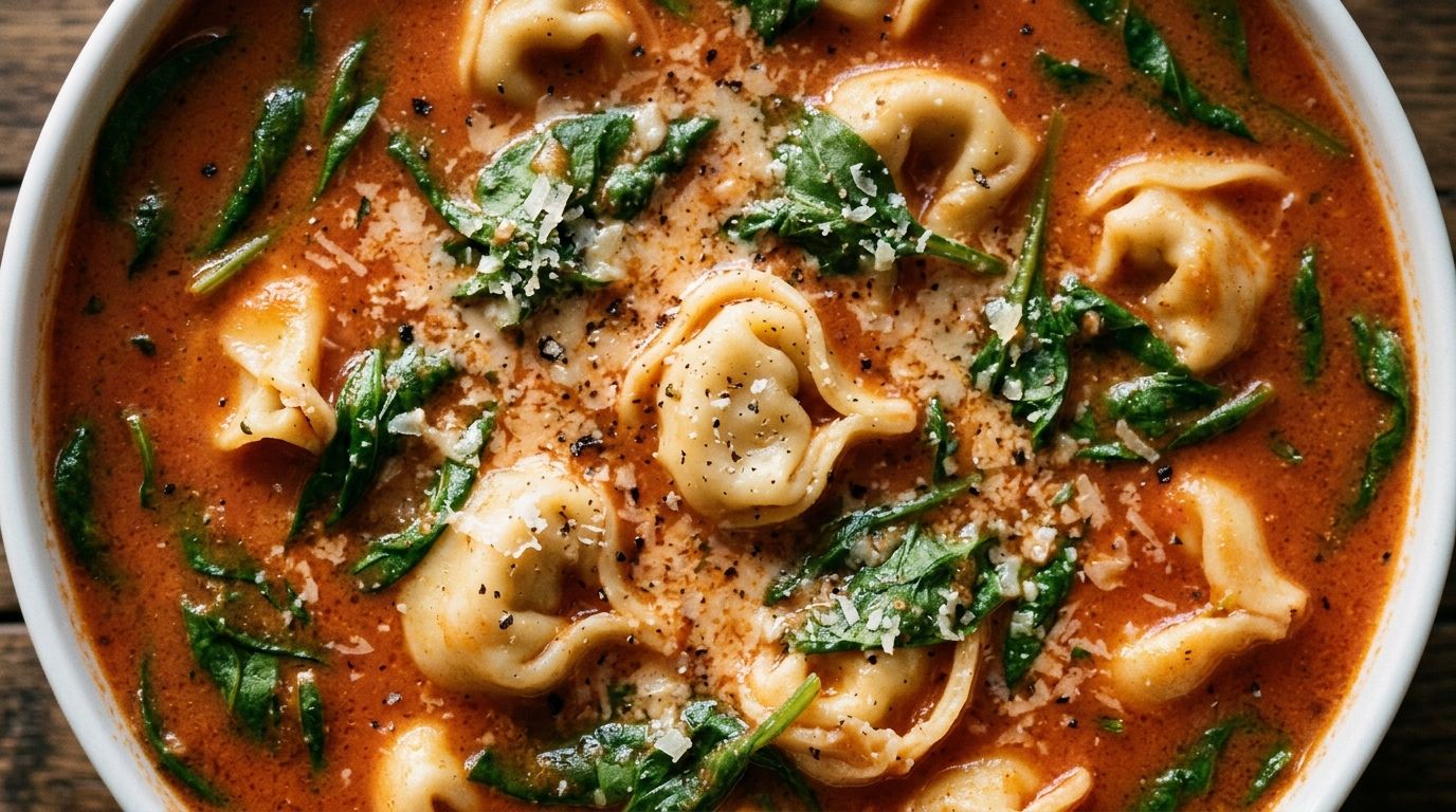 Overhead view of creamy tortellini soup with cheese tortellini, spinach, and Parmesan in a wide pot.