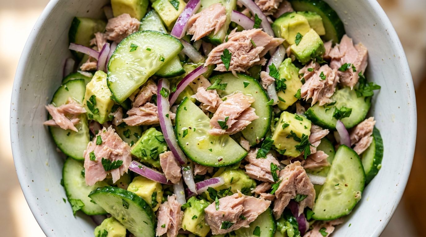 Tuna cucumber salad with avocado and red onion in a white bowl on a dark oak surface