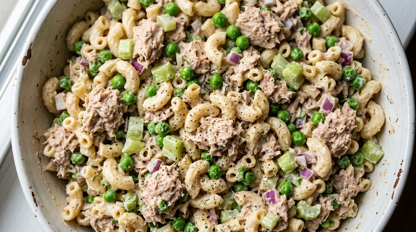 Tuna noodle salad in a white bowl with elbow macaroni, peas, celery and flaked albacore tuna in creamy dressing.