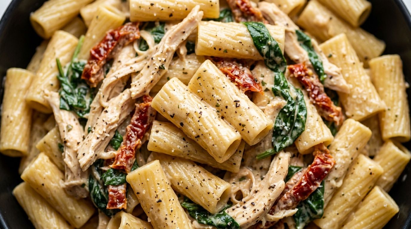 Creamy tuscan chicken pasta with rigatoni, sun-dried tomatoes, and wilted spinach in a Parmesan cream sauce in a dark skillet.