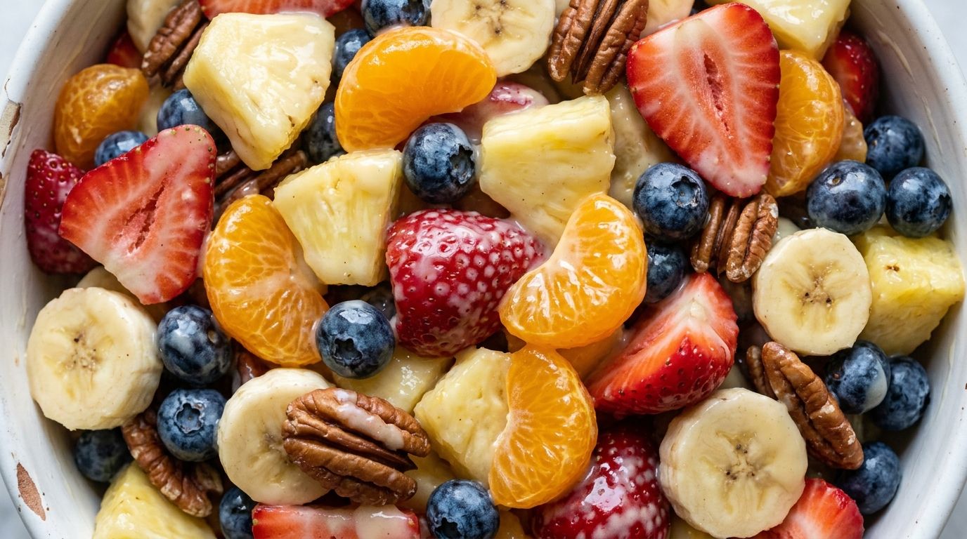 Vanilla pudding fruit salad with pineapple, mandarin oranges, strawberries, blueberries, and bananas in a white bowl.