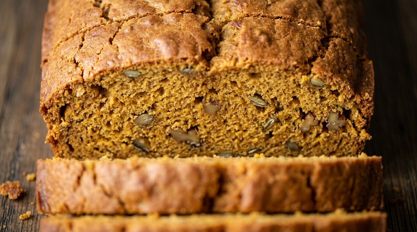 Sliced vegan pumpkin bread loaf with golden crackled crust on a dark oak board.