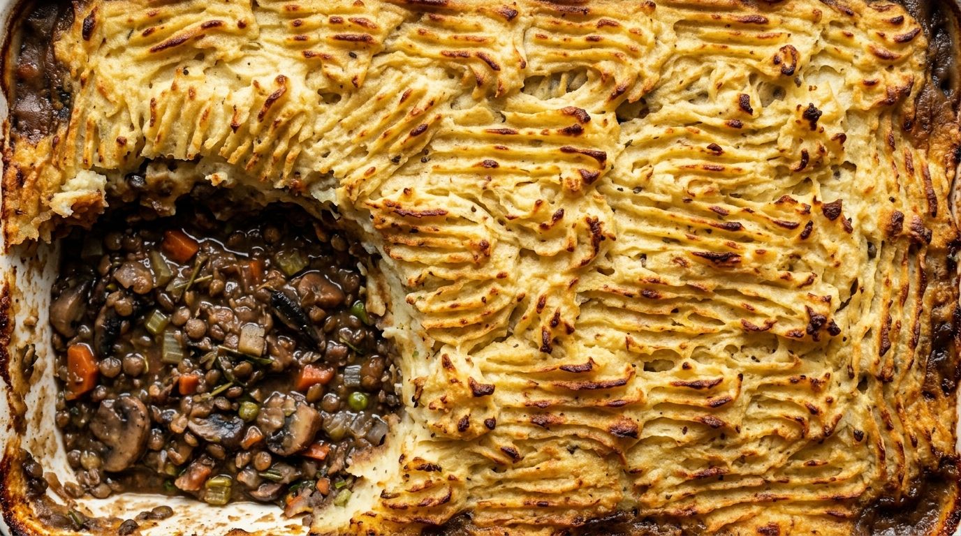 Vegan shepherds pie in a baking dish with golden mashed potato topping and visible lentil mushroom filling.
