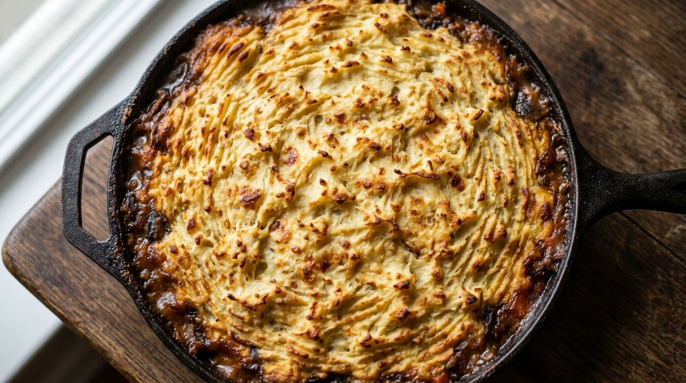 Vegetarian shepherds pie in a cast iron skillet with golden fork-ridged mashed potato topping and mushroom filling visible at the edges.