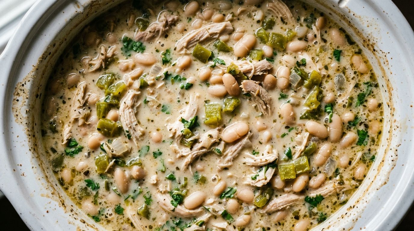 White bean chicken chili in a ceramic bowl with shredded chicken, white beans, and fresh cilantro on a dark surface.