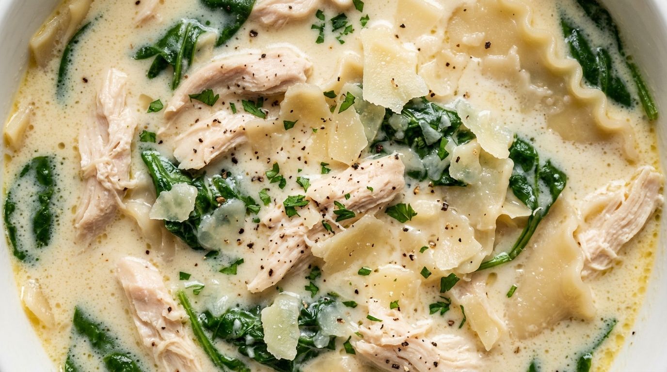 White chicken lasagna soup in a bowl with broken lasagna noodles, spinach, chicken, and parmesan in creamy broth.