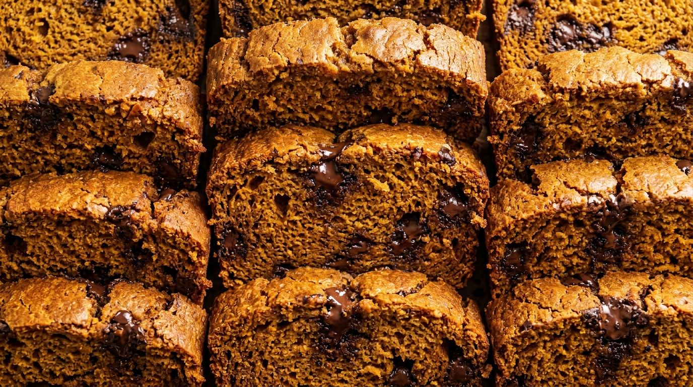 Sliced 3 ingredient pumpkin bread with melted chocolate chips showing deep orange crumb on a dark wood cutting board.