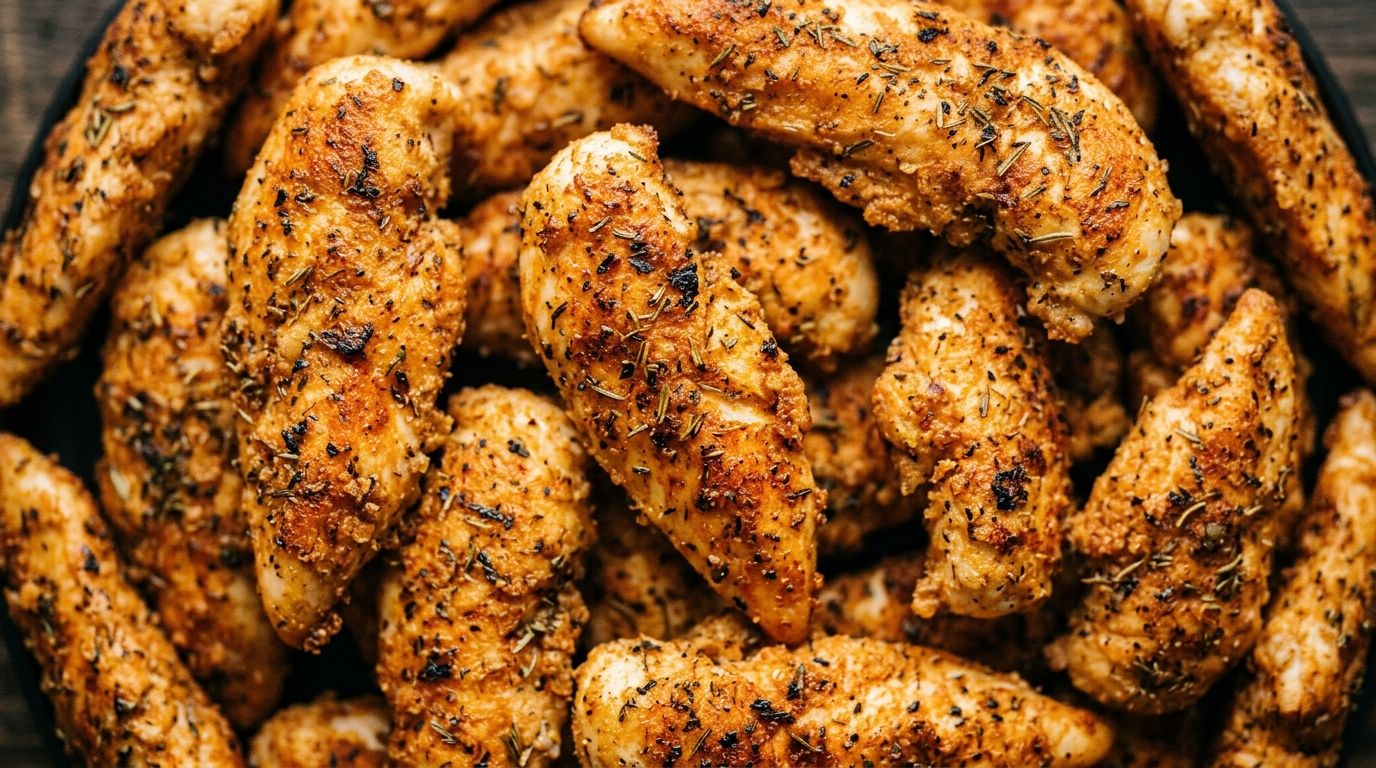 Air fryer chicken breast tenderloins with golden smoked paprika crust arranged on a wooden board.