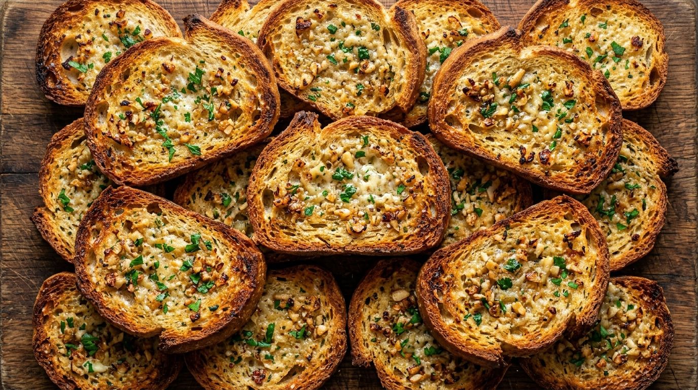Crispy air fryer garlic bread slices with golden butter, minced garlic, and fresh parsley on a dark wood surface.