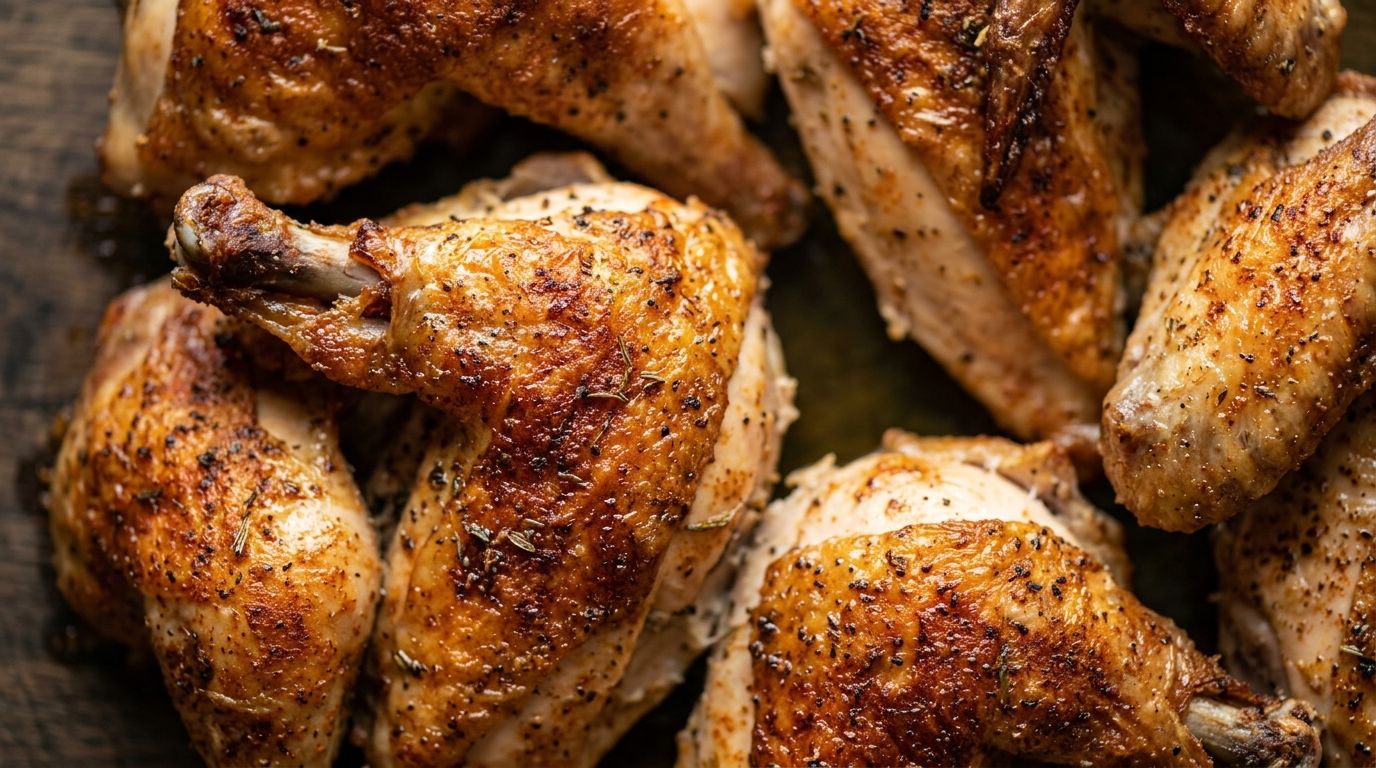 Crispy bone-in split chicken breasts with golden paprika skin resting on a worn dark oak board.
