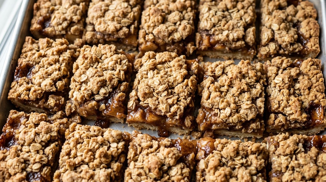Apple pie bars cut into squares showing golden oat crumble topping and cinnamon apple filling on a dark wood surface.