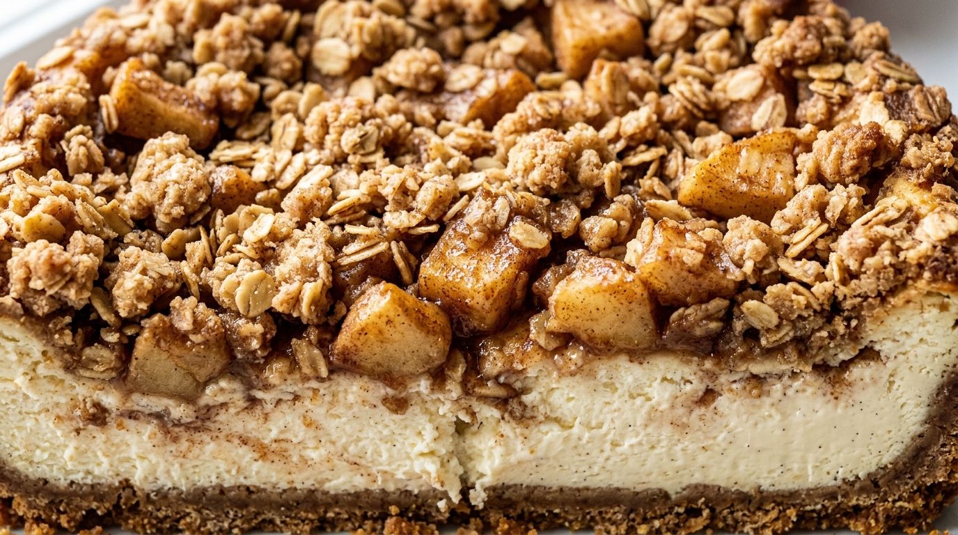 A slice of apple pie cheesecake with golden oat crumble, caramelized apple topping, and graham cracker crust on a dark wood surface.
