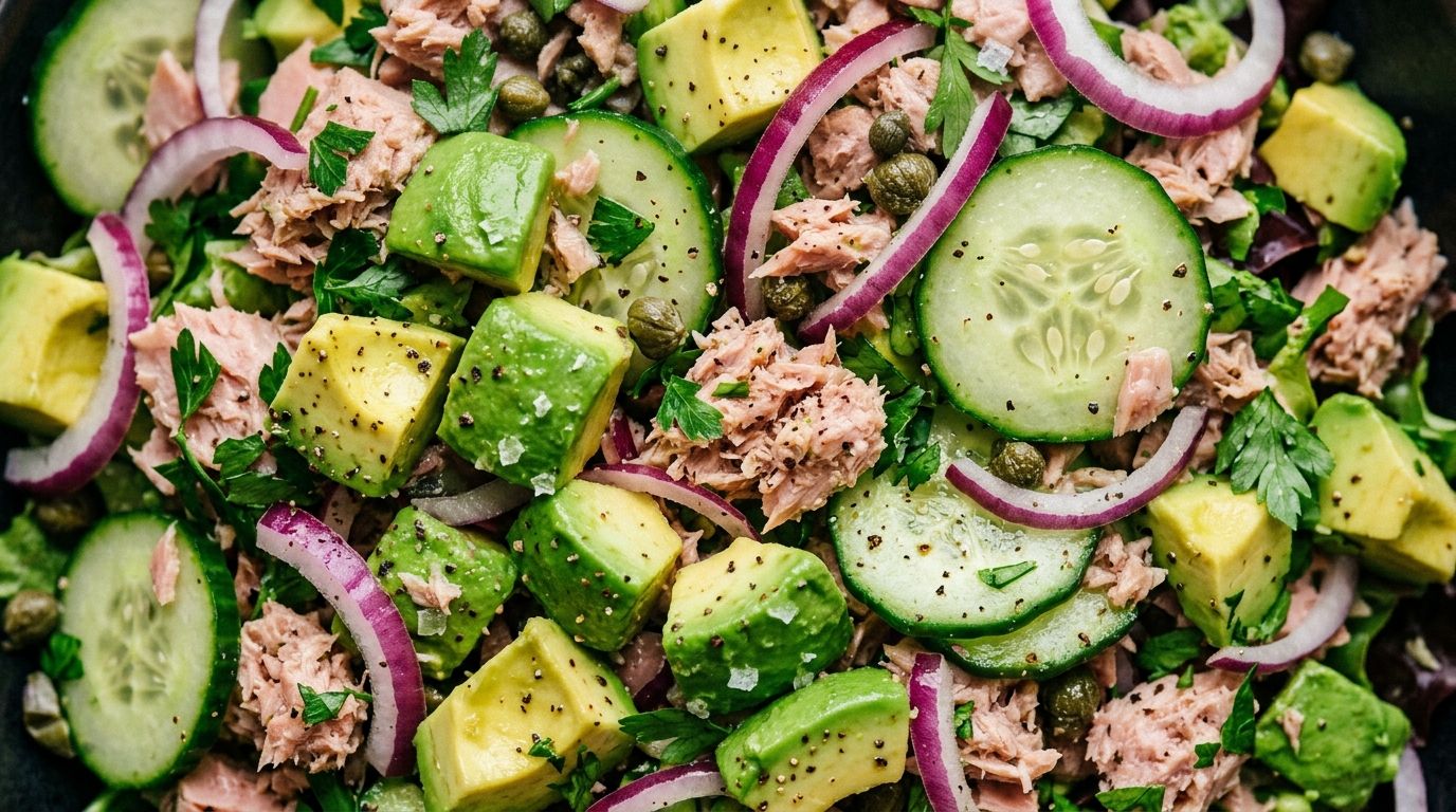Avocado tuna salad with diced avocado, cucumber, red onion, and cilantro in a white ceramic bowl on a dark wood surface.