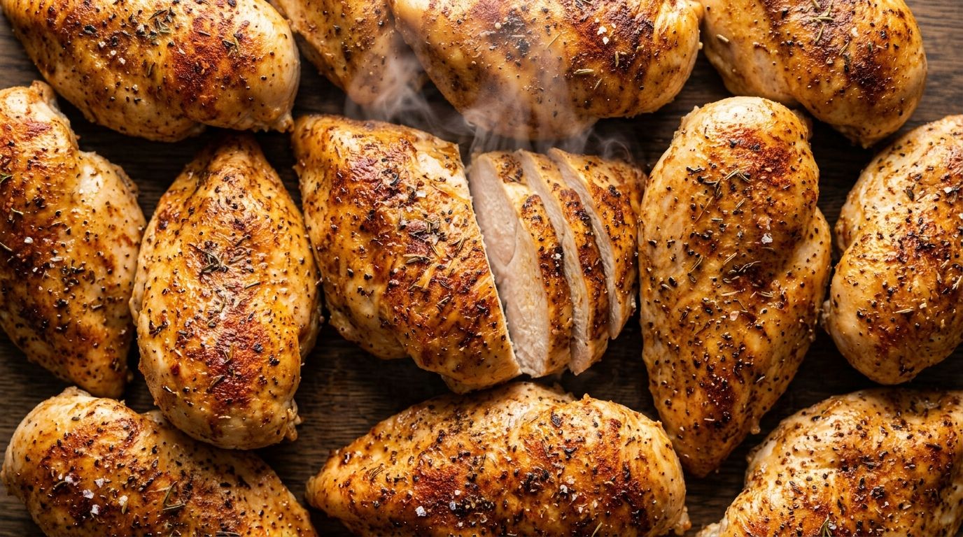 Golden baked chicken breasts with herb crust sliced on a worn dark oak surface.
