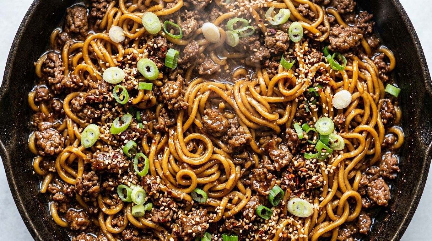Overhead view of beef ramen skillet with chewy noodles, ground beef, and green onions in glossy soy sauce.