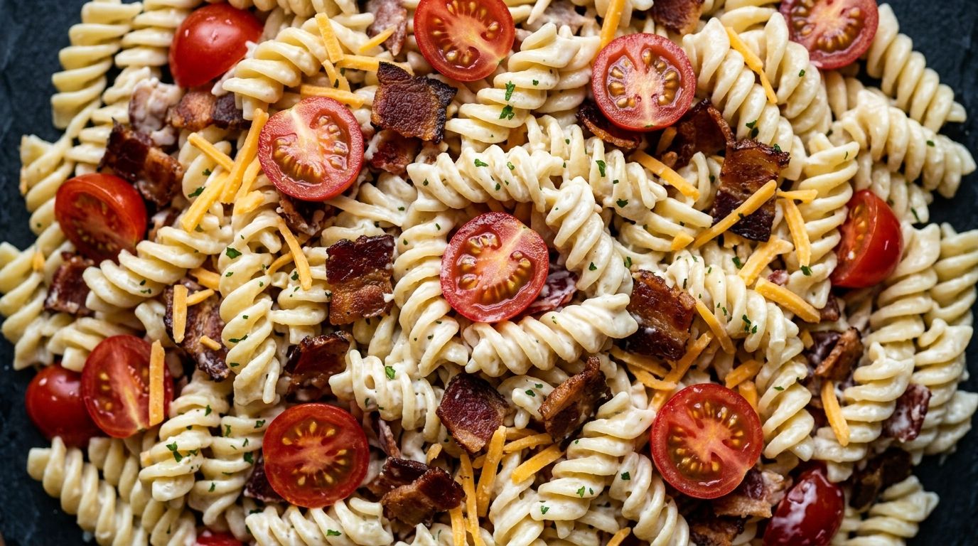 BLT pasta salad with rotini, crispy bacon, cherry tomatoes, romaine, and creamy ranch dressing in a large bowl.