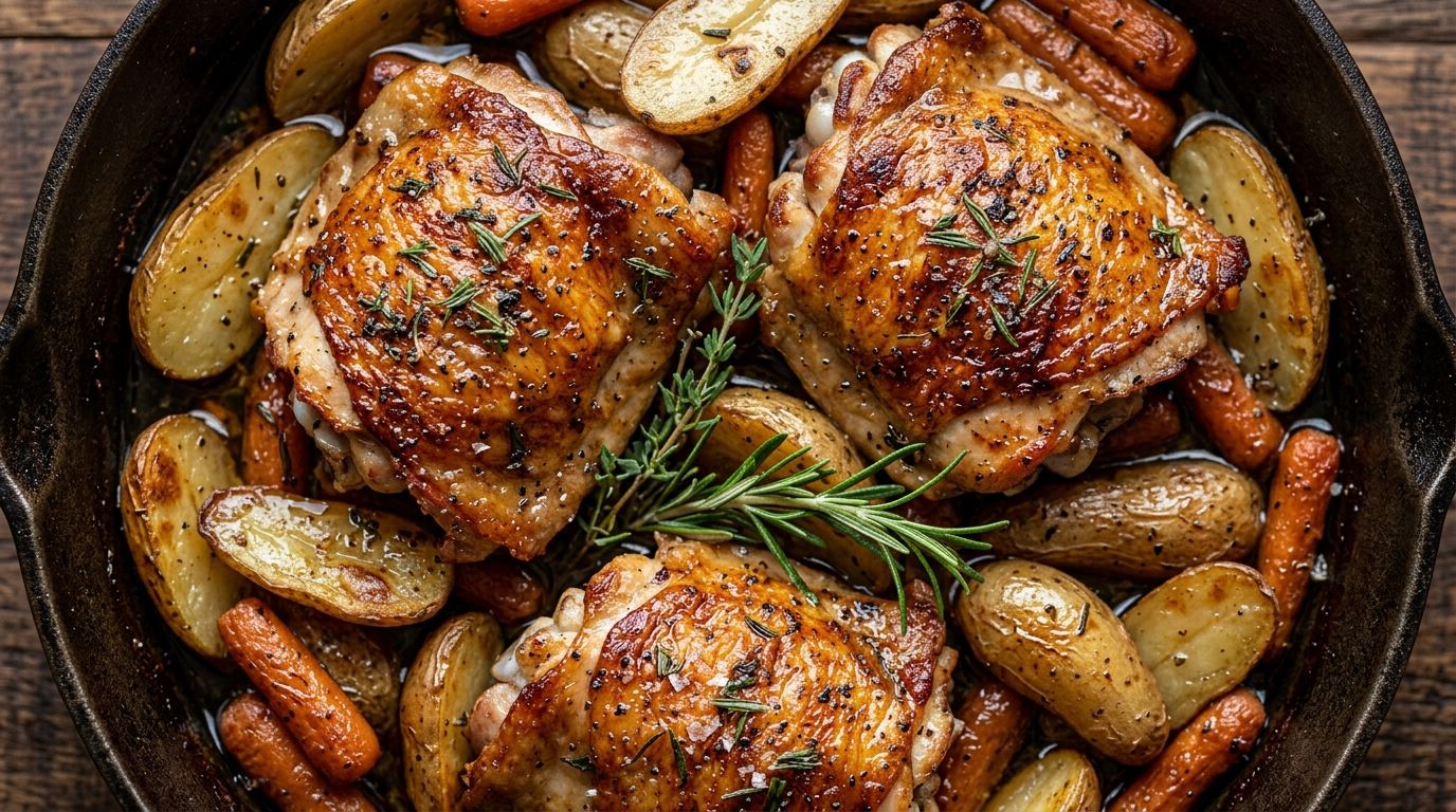 Bone-in chicken thighs with golden skin, fingerling potatoes, and carrots in a dark braising liquid on oak surface.