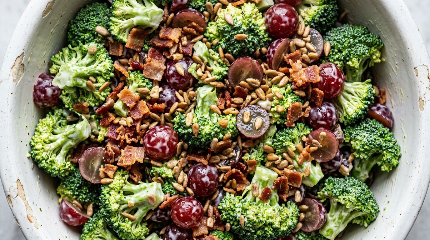 Overhead view of broccoli grape salad in a large white bowl with grapes, bacon, sunflower seeds, and creamy dressing.