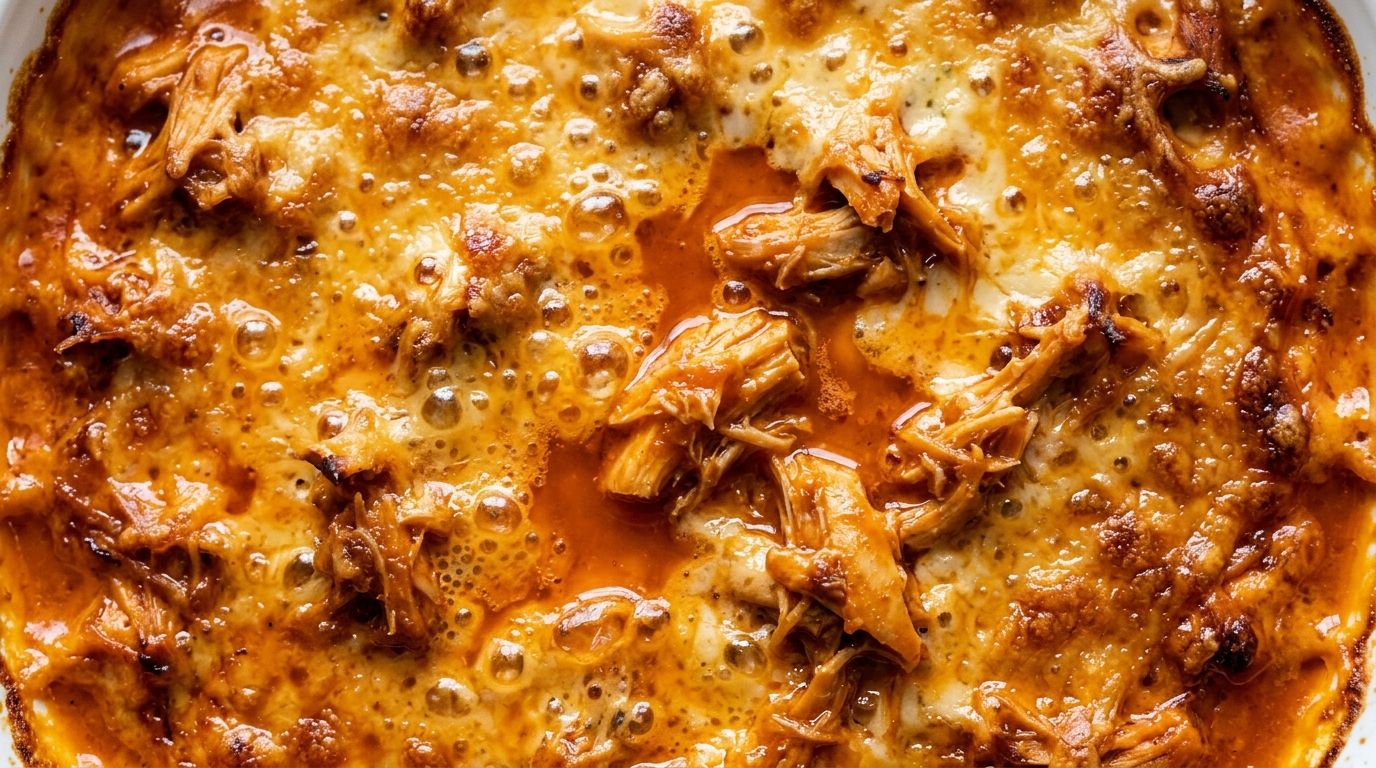 Overhead view of bubbling buffalo chicken dip with golden cheddar crust in a white baking dish.