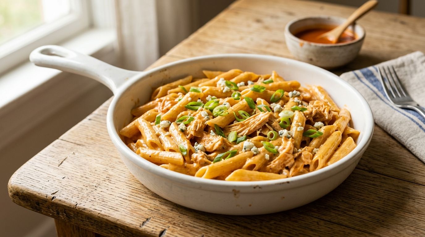 Creamy buffalo chicken pasta in a white skillet with penne, shredded chicken, and green onion garnish