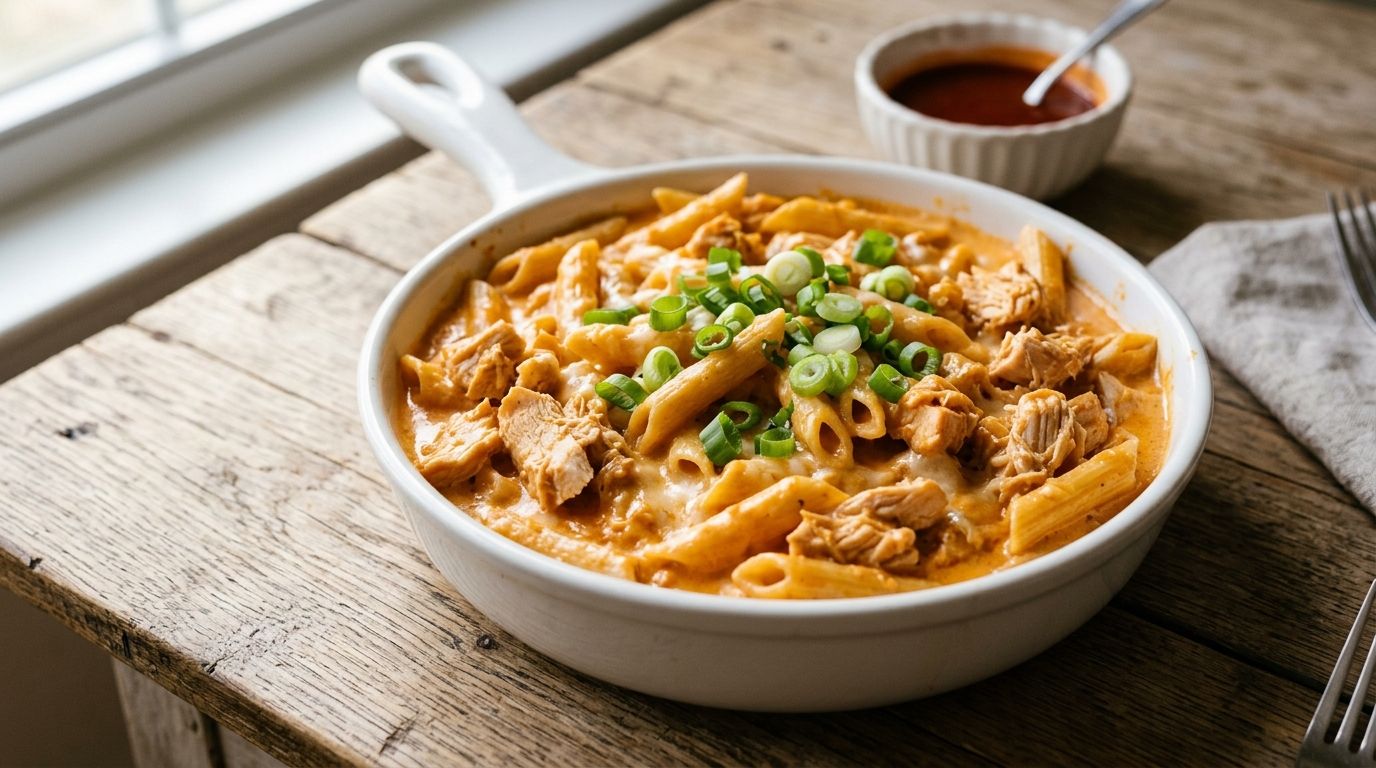 Creamy buffalo chicken pasta in a white skillet with penne, shredded chicken, and green onion garnish
