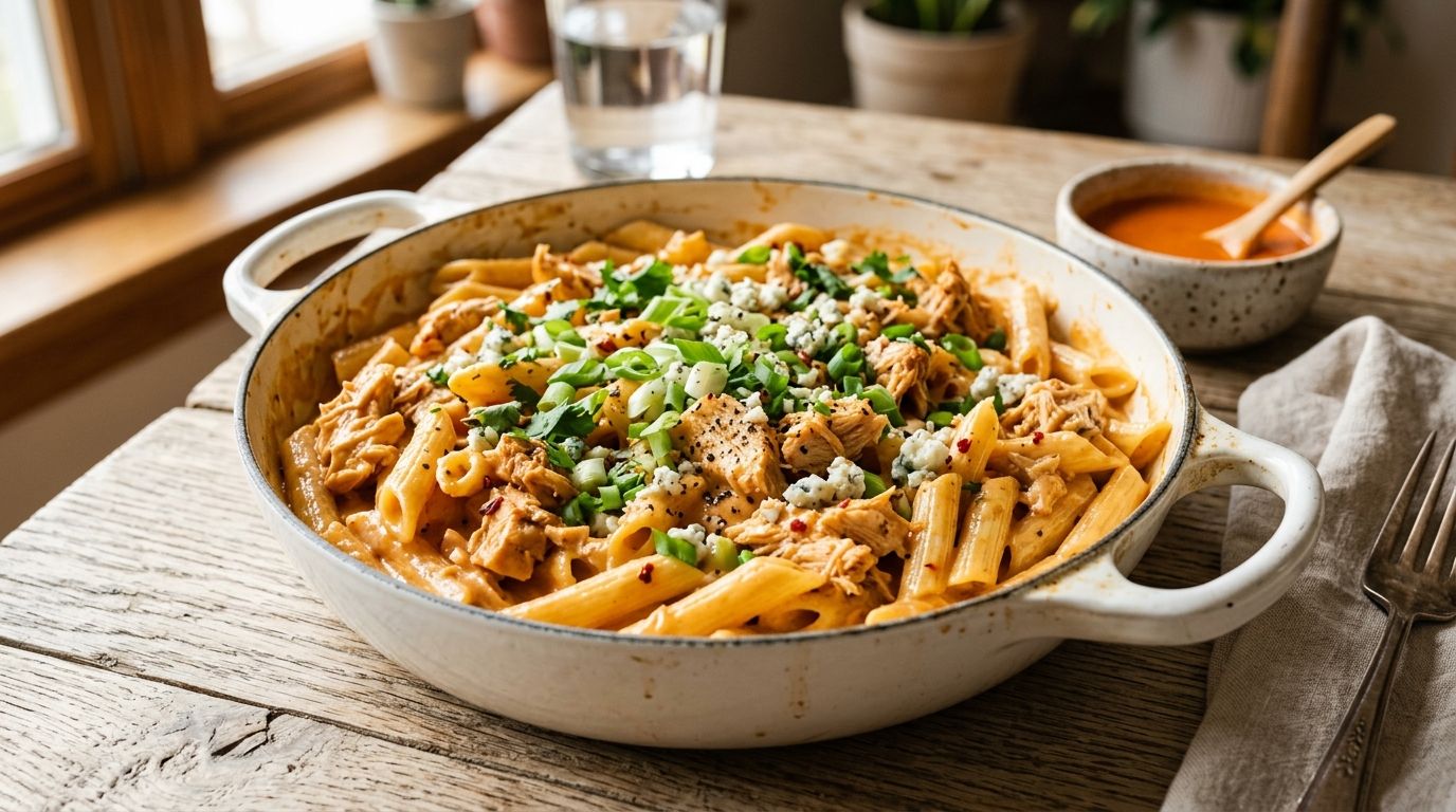 Creamy buffalo chicken pasta in a white skillet with penne, shredded chicken, and green onion garnish