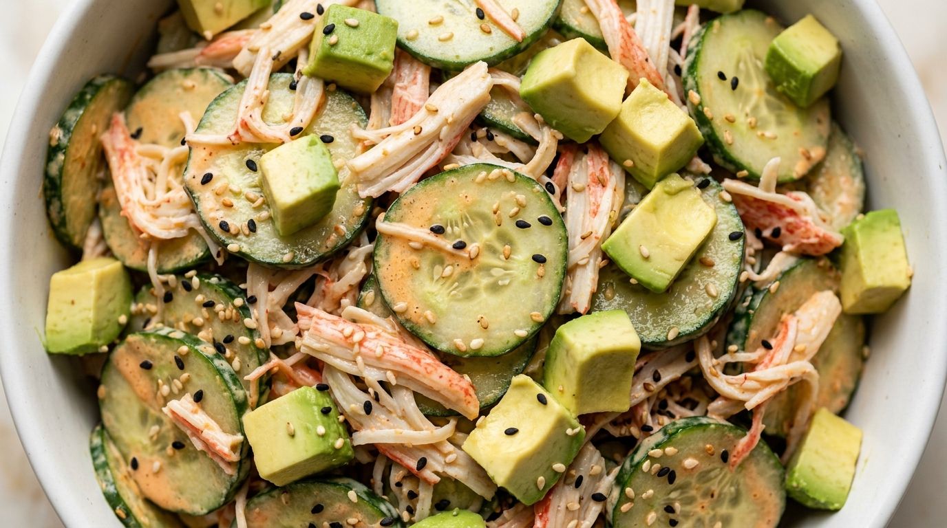 California roll cucumber salad with cucumber, crab, avocado, and sesame seeds in a white bowl.