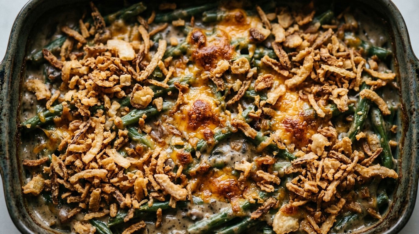 Cheesy green bean casserole in a baking dish with golden bubbling cheddar and crispy French-fried onion topping.
