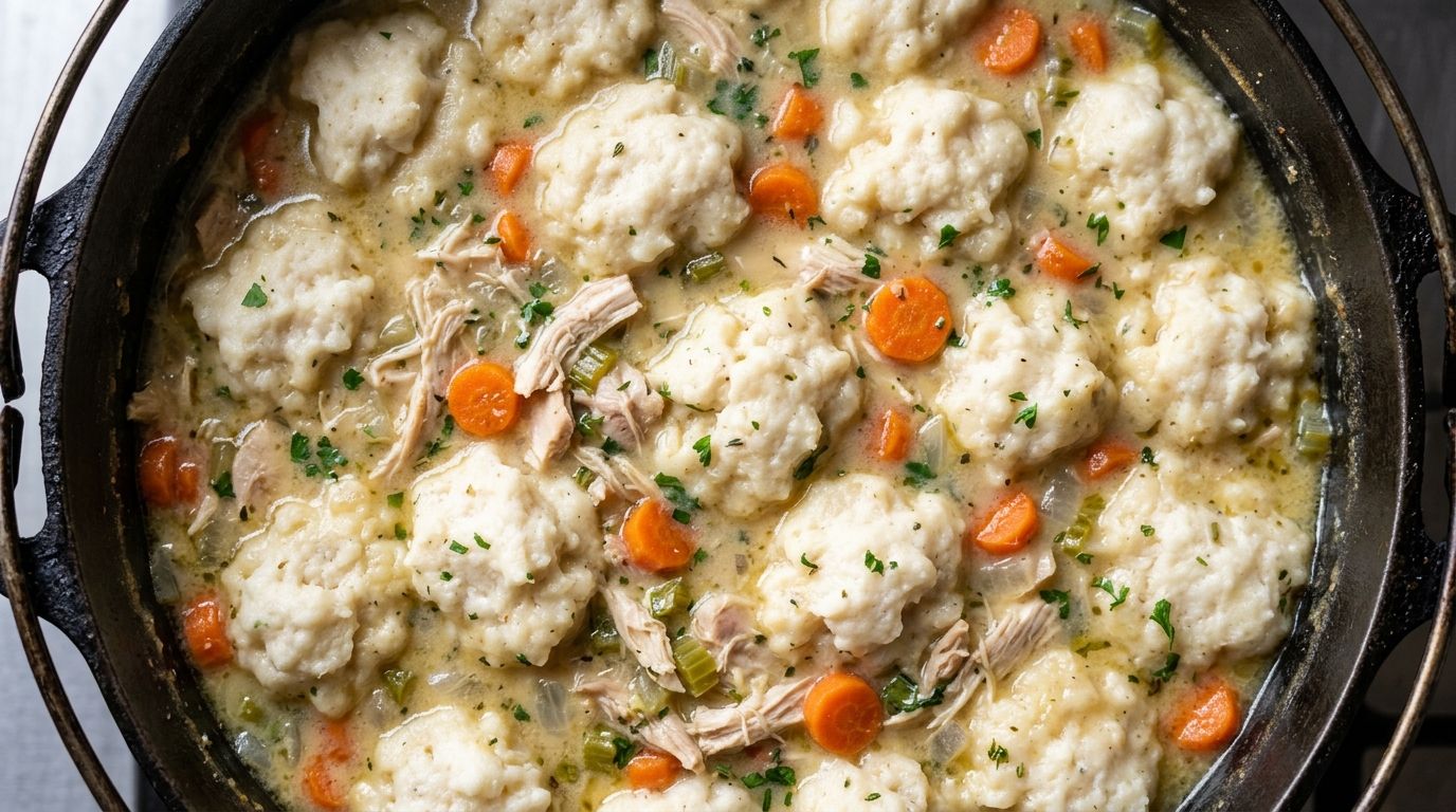 Chicken and dumplings in a Dutch oven with fluffy dumplings floating on creamy broth with carrots and shredded chicken.