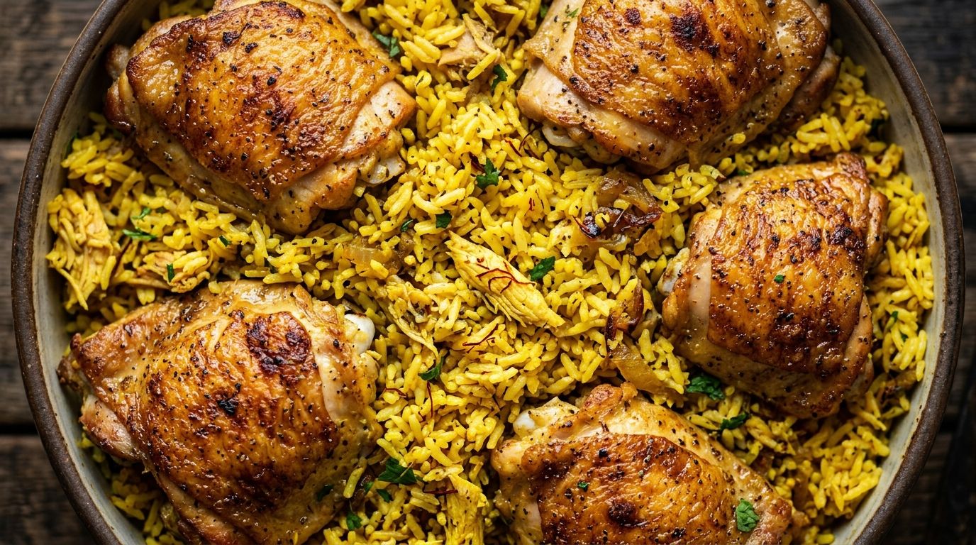 One-skillet chicken and yellow rice with golden turmeric color, crispy chicken thighs, and fresh parsley on dark oak.