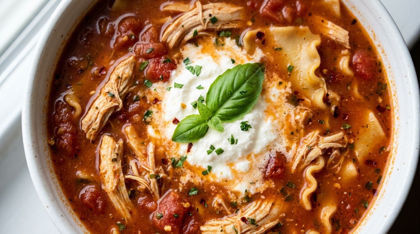 Chicken lasagna soup with wide noodles, shredded chicken, and a ricotta dollop in a white ceramic bowl.