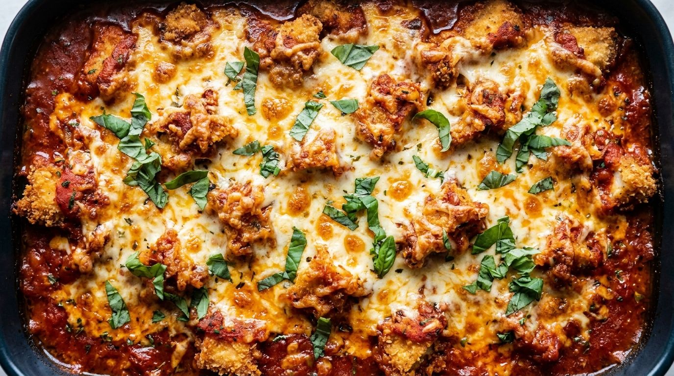 Chicken parmesan casserole in a baking dish with golden bubbling mozzarella, marinara sauce, and fresh basil on top.