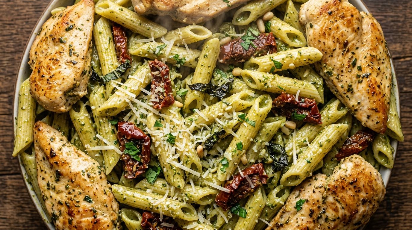 Overhead view of chicken pesto pasta in a skillet with sun-dried tomatoes and parmesan on dark oak.
