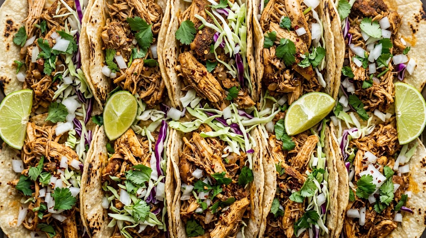 Shredded chicken thigh tacos in corn tortillas with cabbage and lime on a dark oak surface.