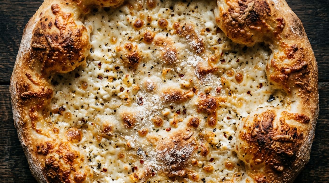 Golden baked cottage cheese pizza crust with crispy edges on a dark wood surface, sliced into quarters.