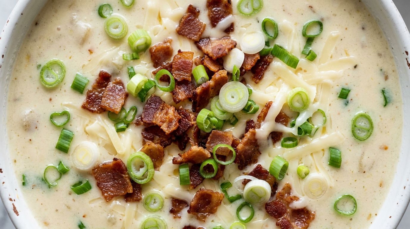 Overhead view of creamy potato soup with crispy bacon, white cheddar shreds, and sliced green onions in a ceramic bowl.