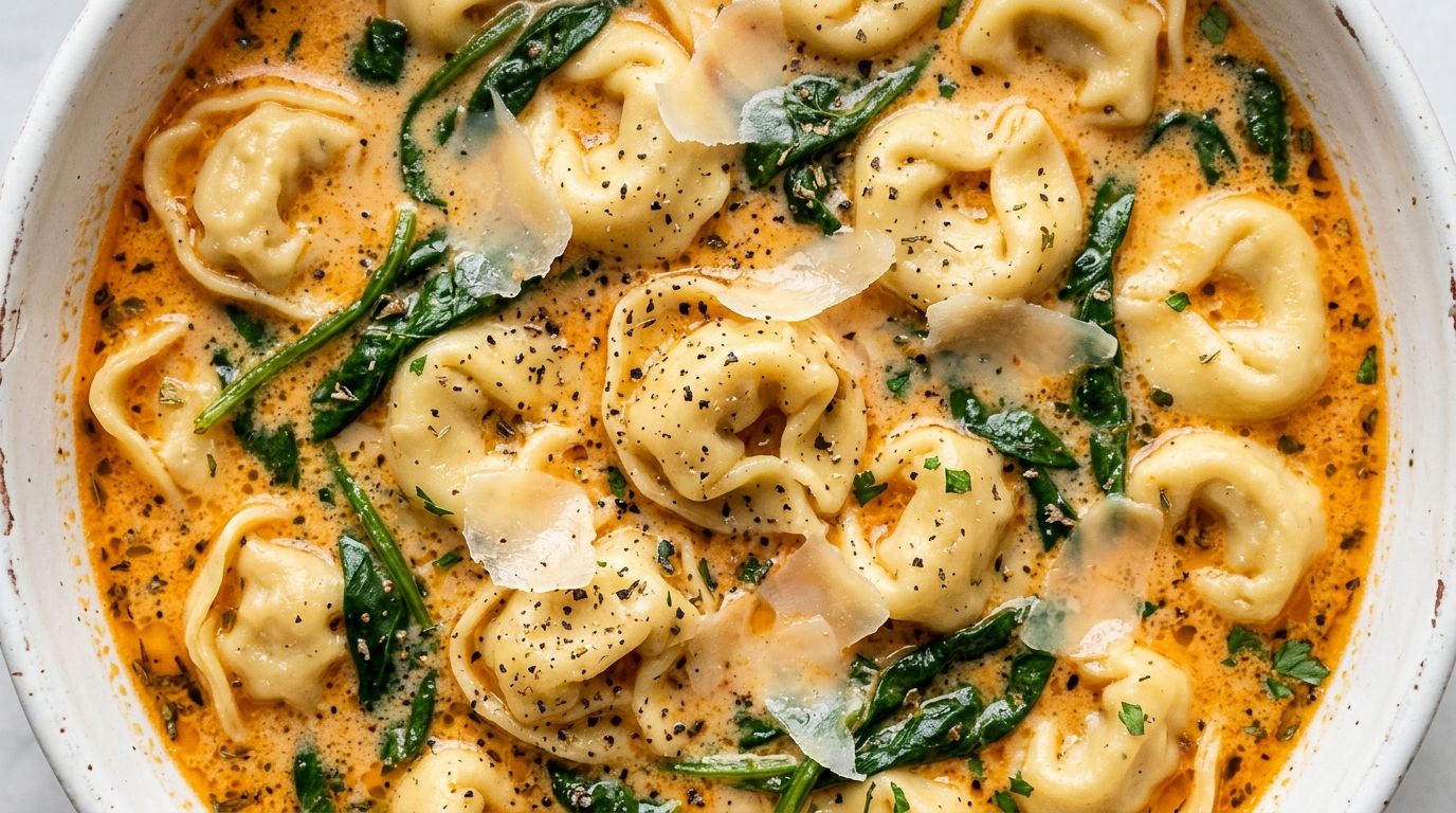 Creamy tortellini soup in a white bowl with cheese tortellini, wilted spinach, and Parmesan in orange cream broth.