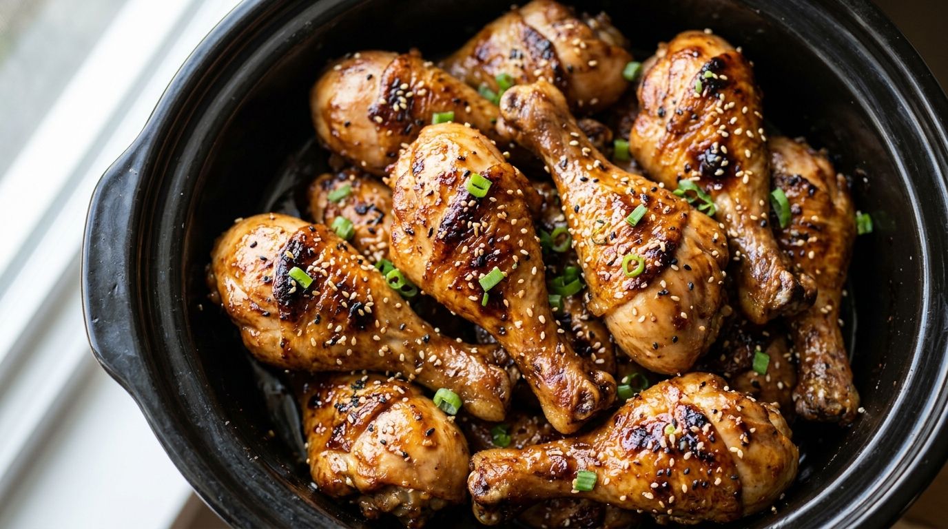 Crockpot chicken drumsticks with sticky soy-honey glaze in a slow cooker