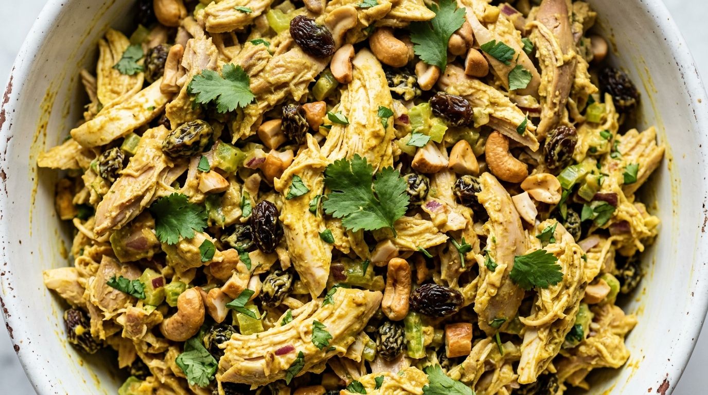 Curry chicken salad with raisins, cashews, and cilantro in a white bowl on a wooden surface.