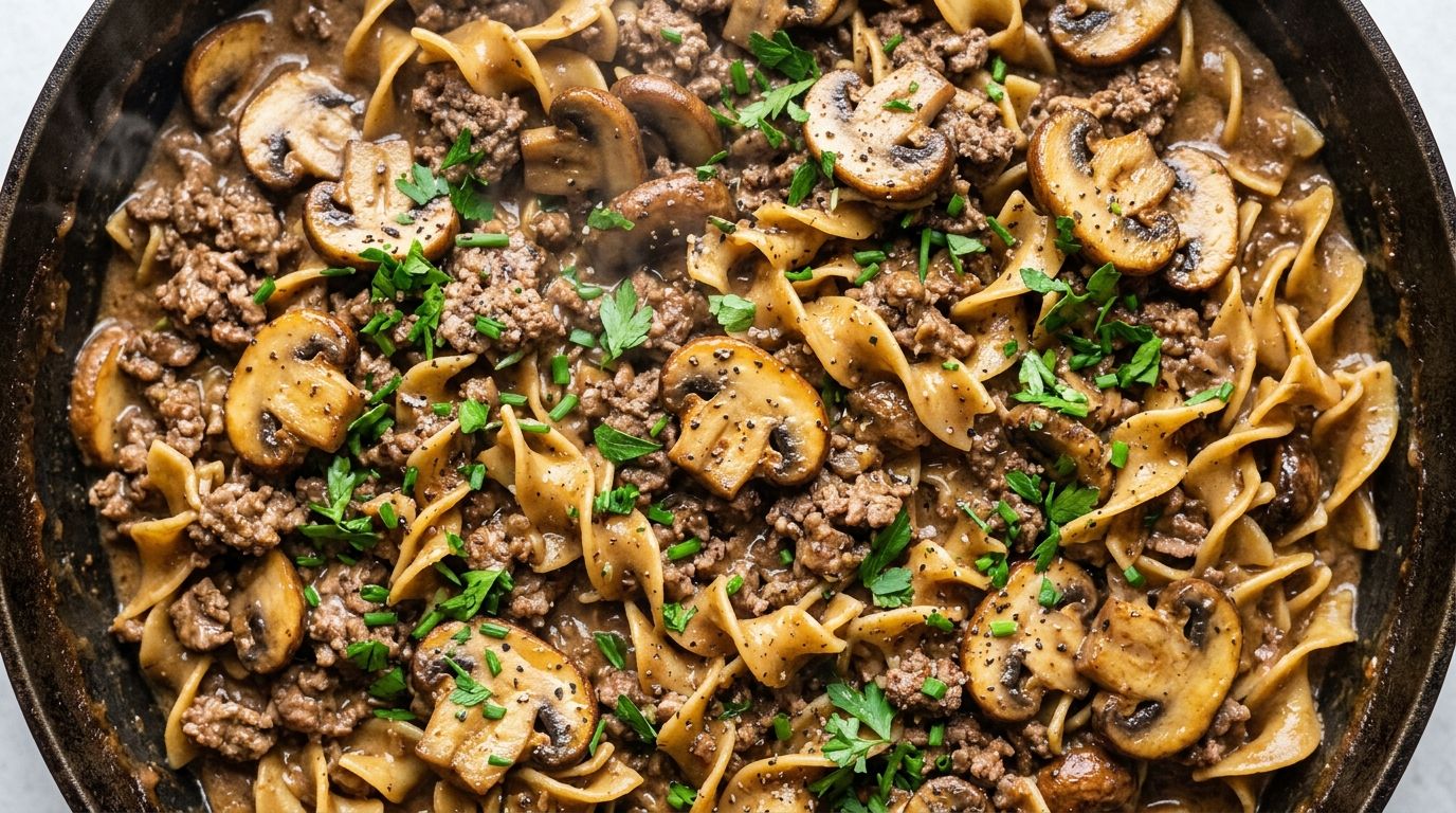 Dairy free beef stroganoff with ground beef, mushrooms, and creamy sauce served over egg noodles in a skillet.