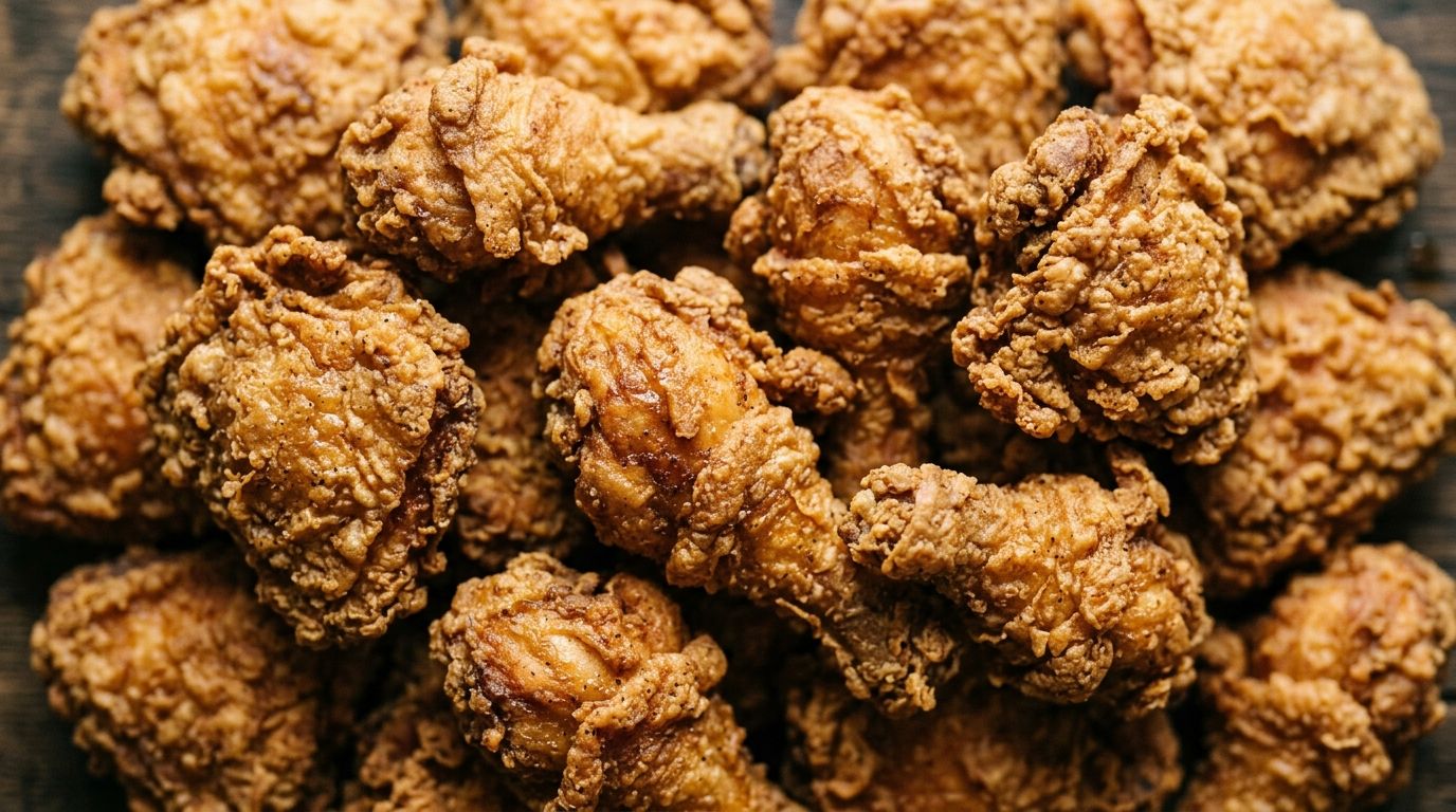 Bone-in deep fried chicken pieces with thick golden craggy crust on a worn dark oak board.