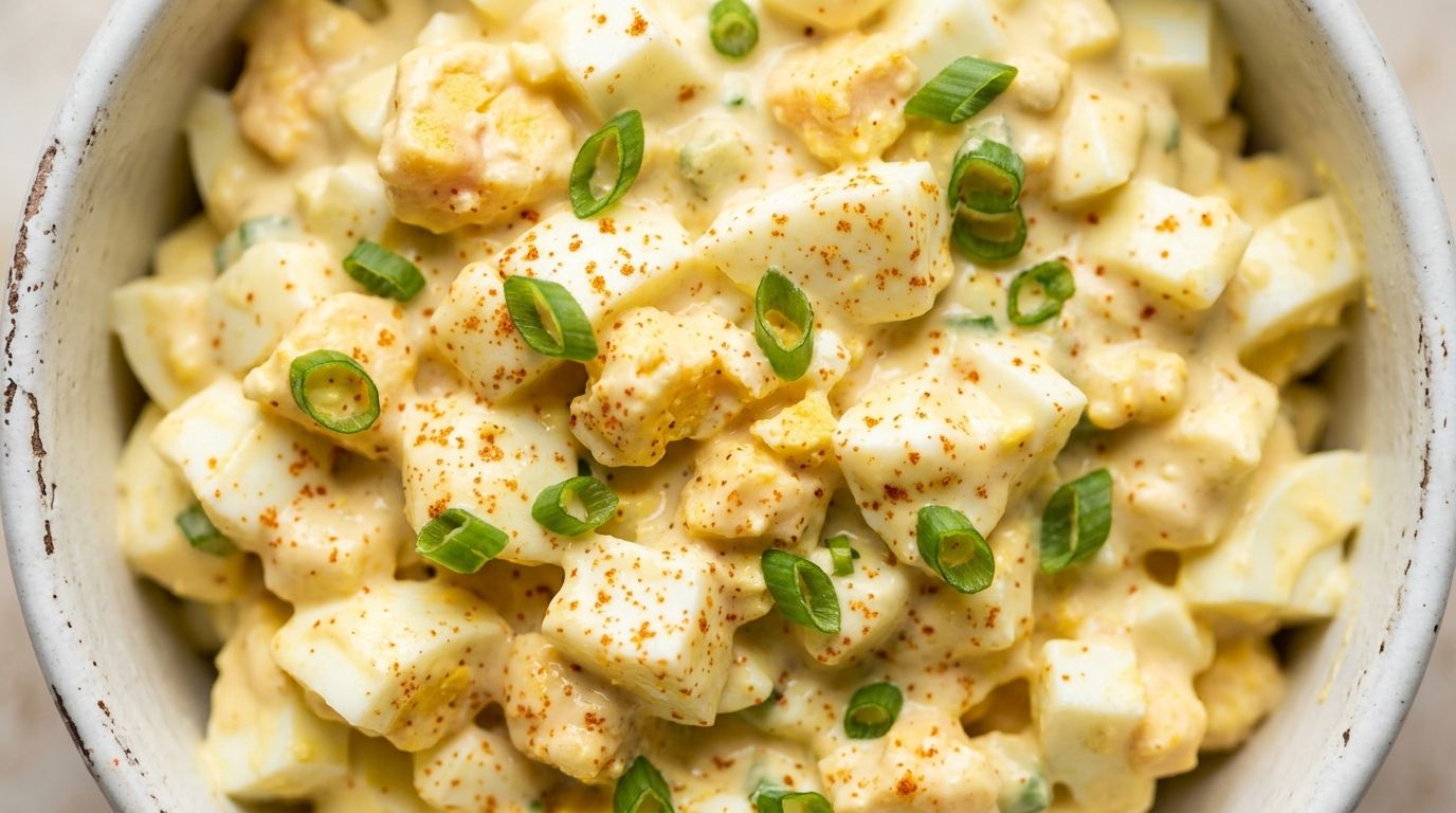 Deviled egg salad in a white bowl with paprika dusting and green onion on a dark wood surface.