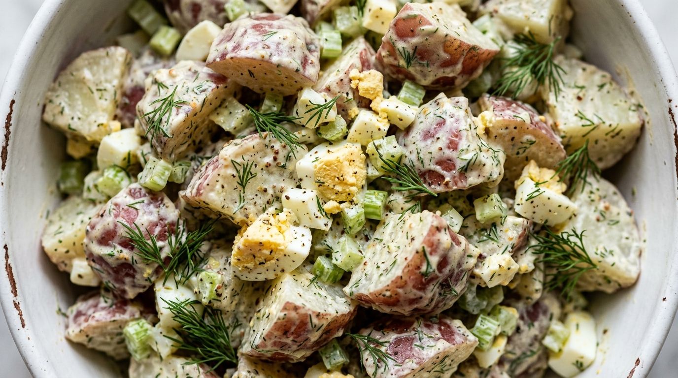 Creamy dill potato salad with red potatoes, hard-boiled eggs, celery, and fresh dill in a white ceramic bowl.