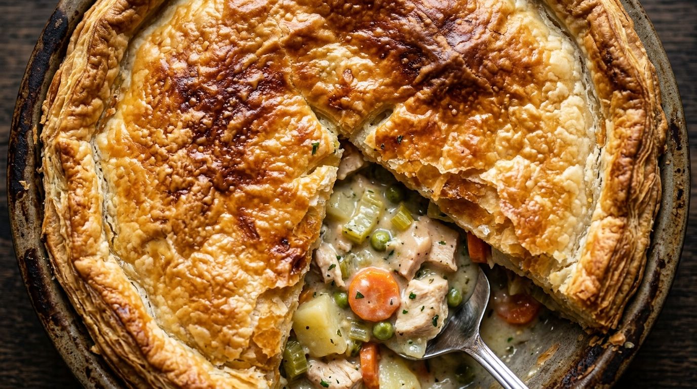 Easy chicken pot pie with golden flaky crust sliced open on a dark wood surface